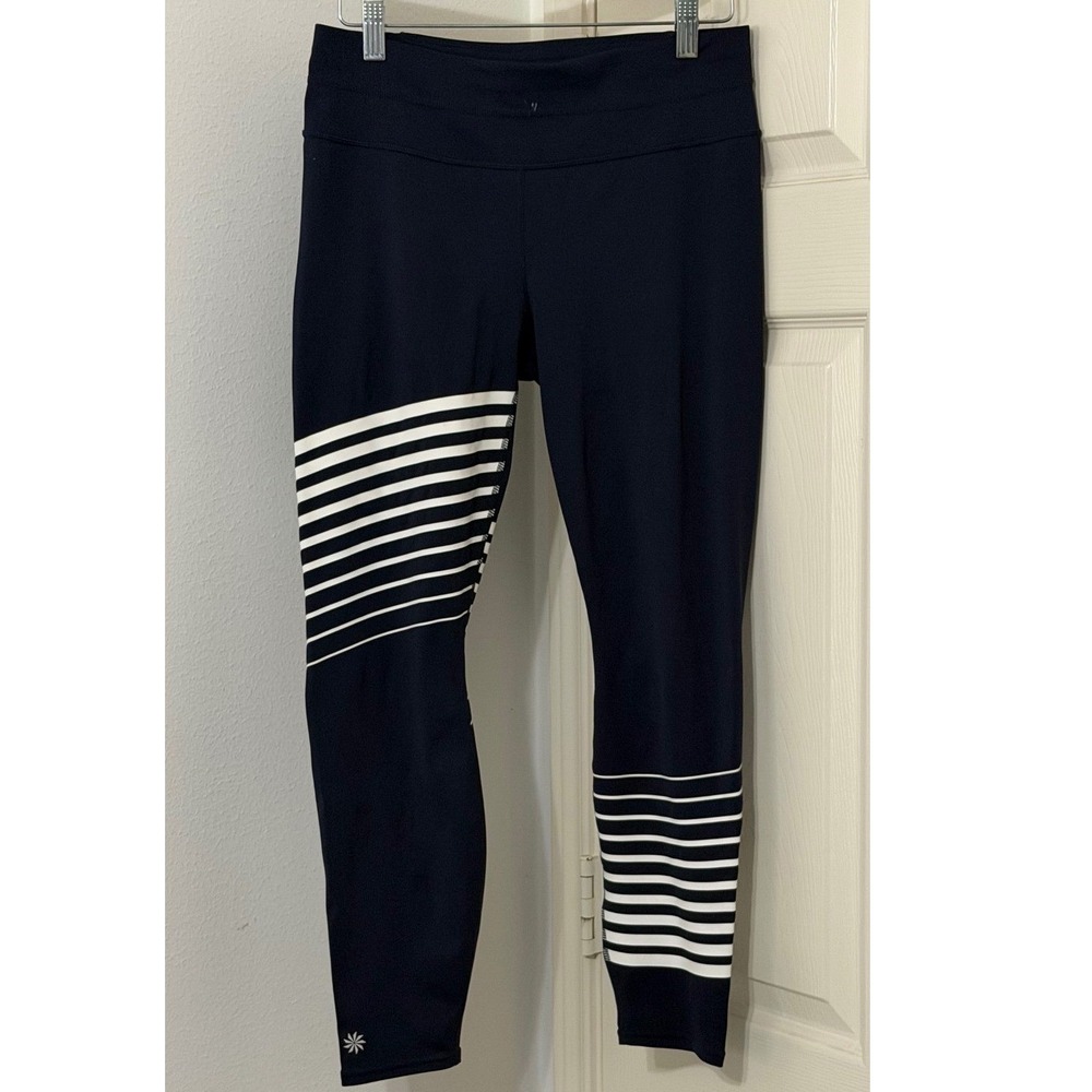 Athleta Womens sz M Navy Blue White Striped Performance Leggings athleisure